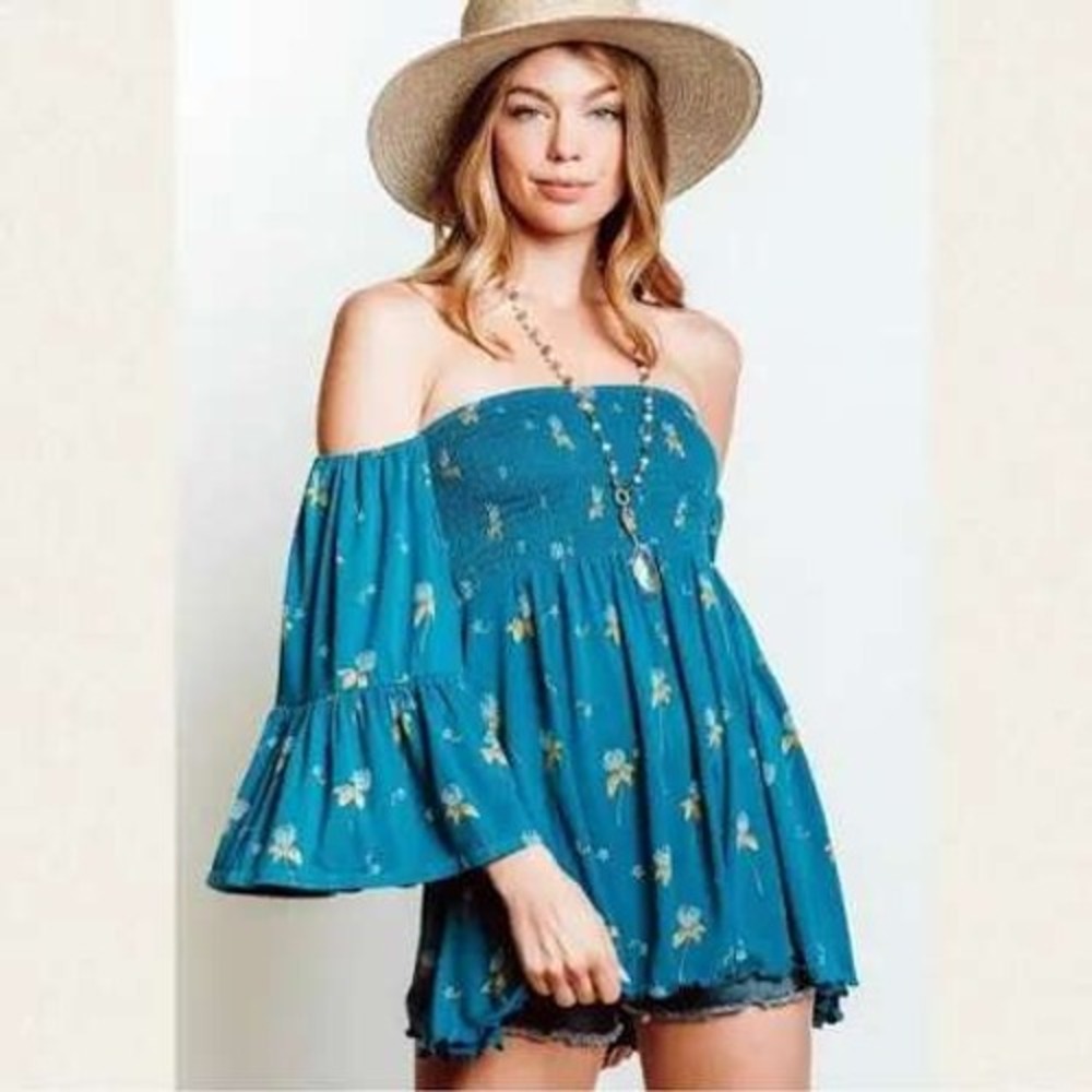 Free People Top Size S Blue Smocked Off-The-Shoulder Floral Bell Sleeve Boho